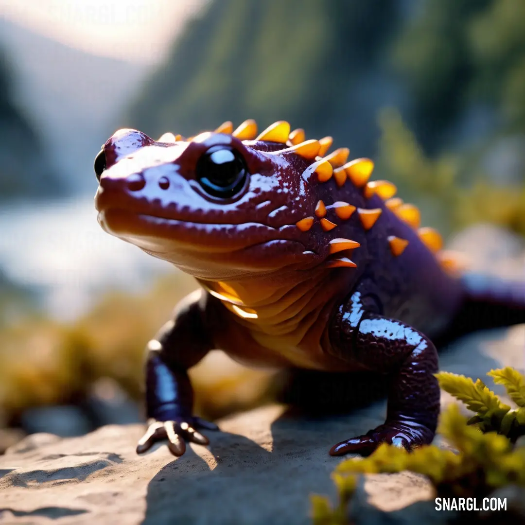 Lizard with orange spikes on its back on a rock in the sun with a mountain in the background