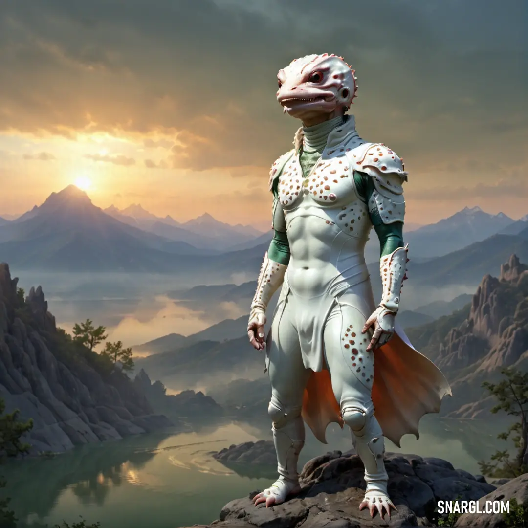 Man in a white costume standing on a rock with a Salamander on it's back and a mountain in the background