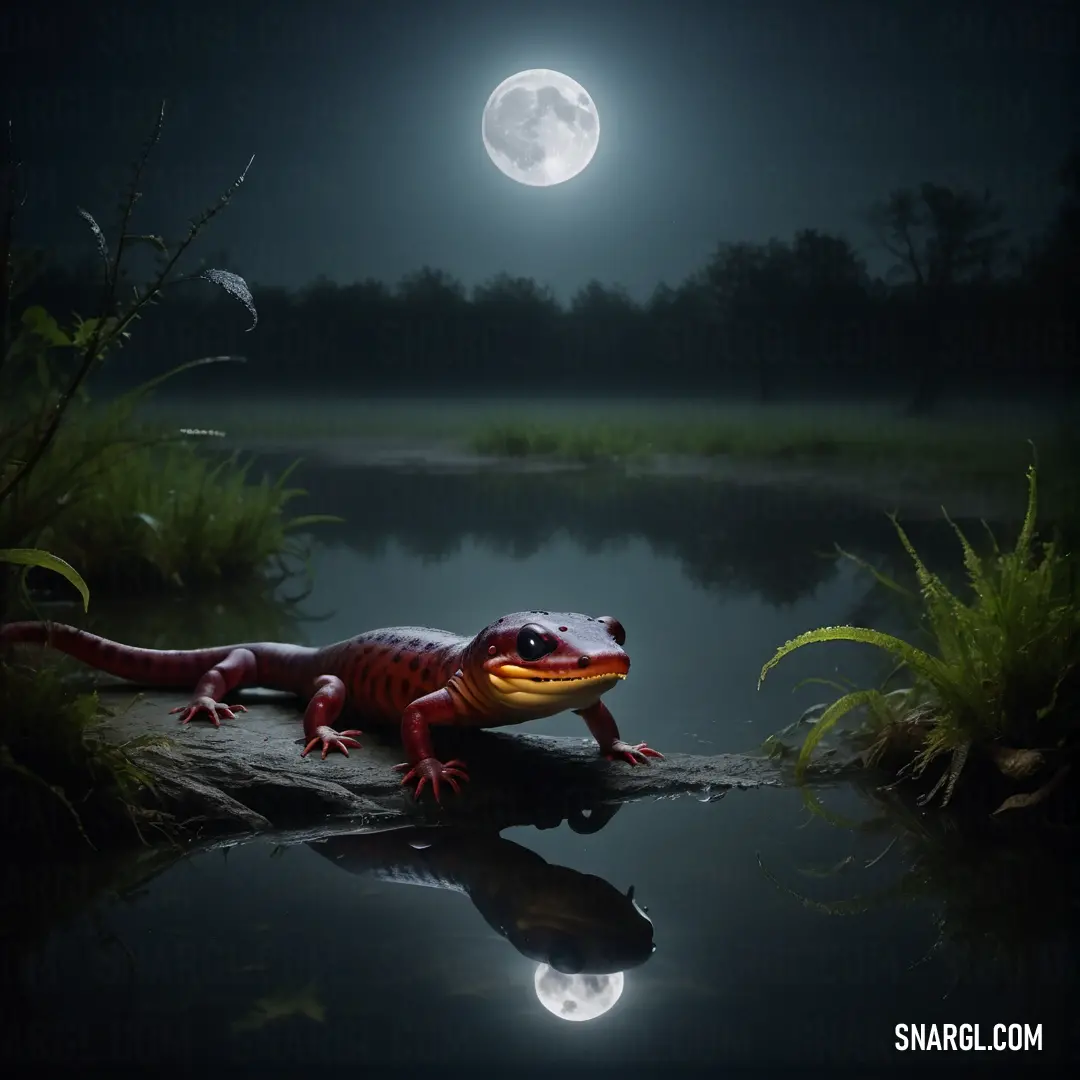 Red and yellow lizard on a rock in the water at night with the moon in the background
