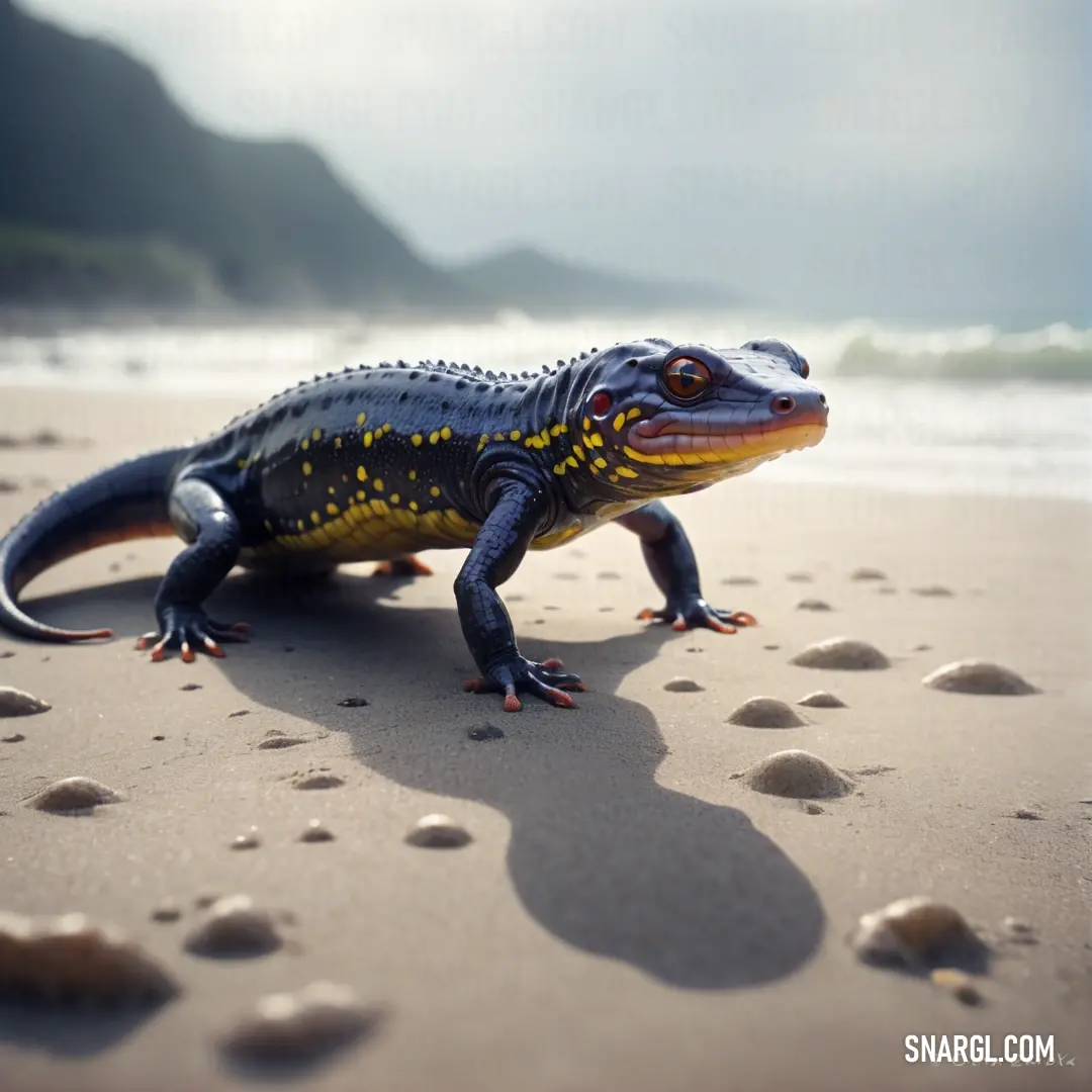 Small lizard is on the beach sand and sand pebbles, with a mountain in the background