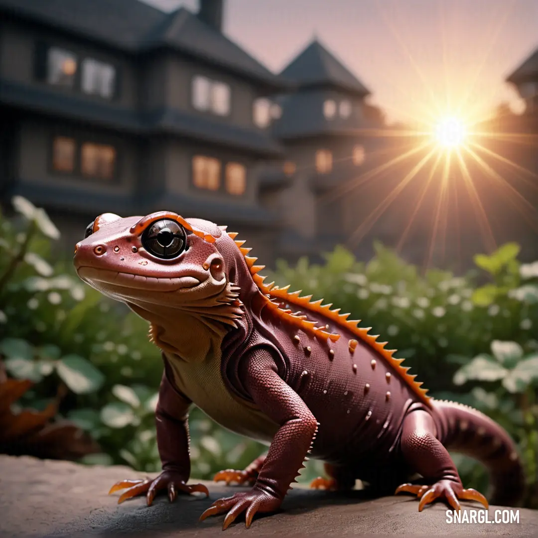 Toy lizard on a rock in front of a building with the sun shining behind it and bushes and bushes