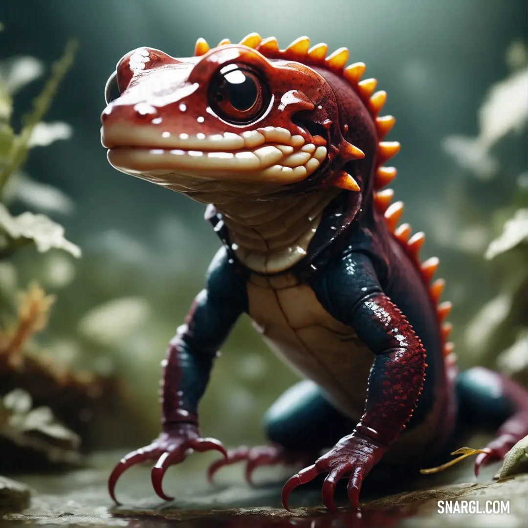 Toy lizard with orange spikes on its head and legs on a rock in the grass with leaves