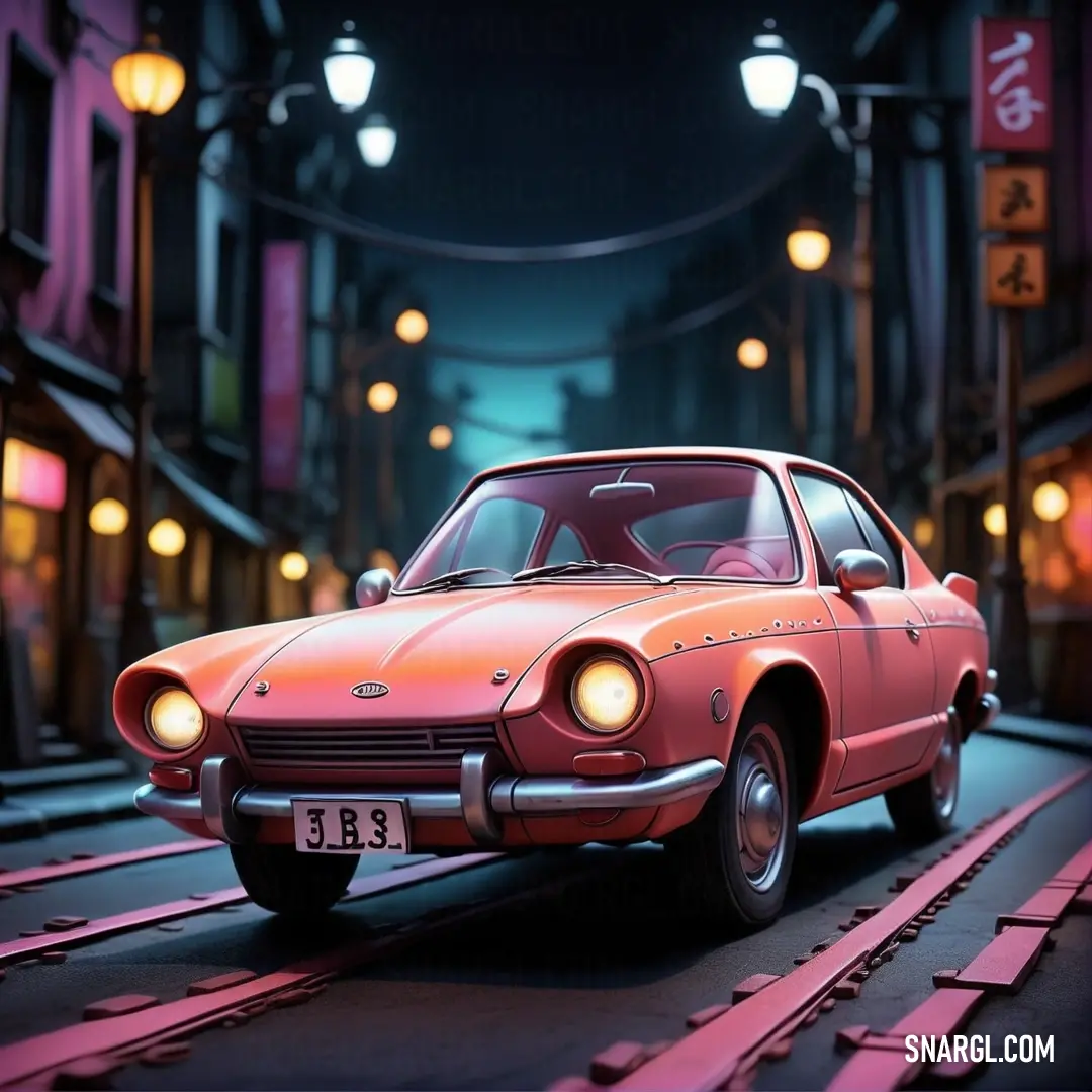 Car is parked on a street at night time with lights on the buildings. Color CMYK 0,43,36,0.