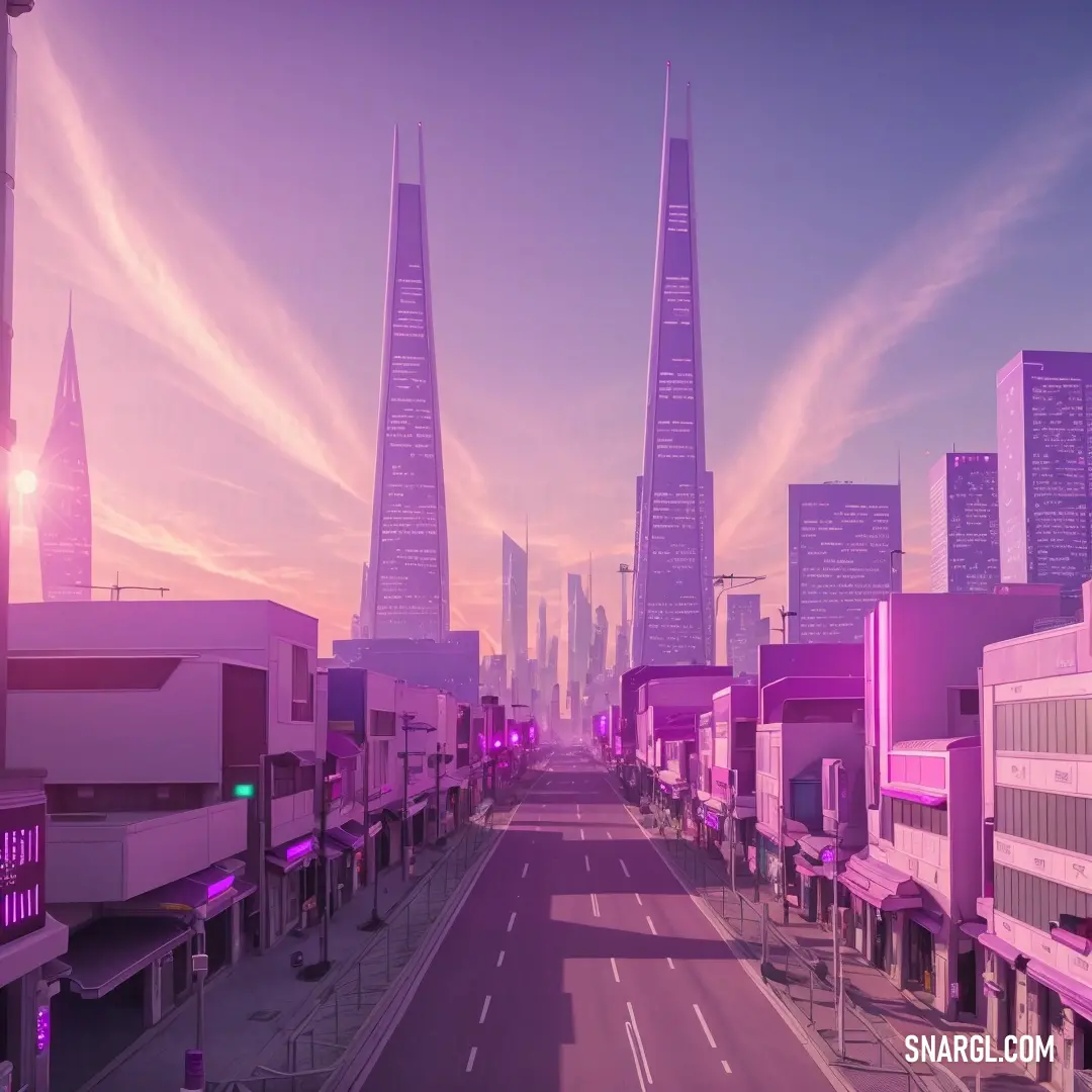 City street with a lot of tall buildings in the background and a pink sky