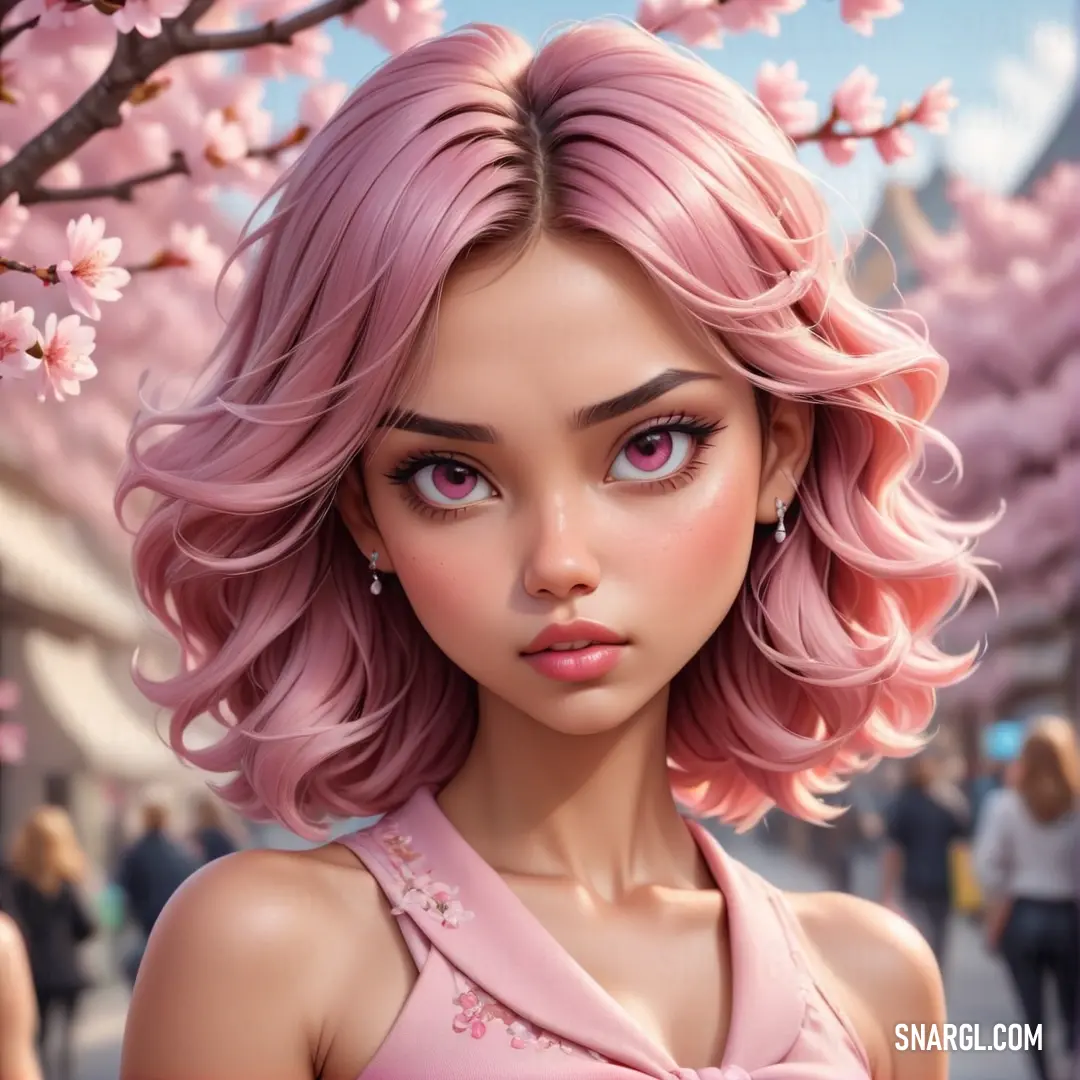 Salmon pink color. Digital painting of a woman with pink hair and pink dress in a cherry blossom tree