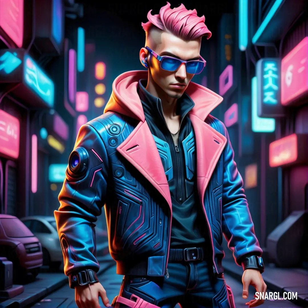 Man in a pink jacket and sunglasses standing in a city street at night with neon lights on the buildings. Color CMYK 0,43,36,0.