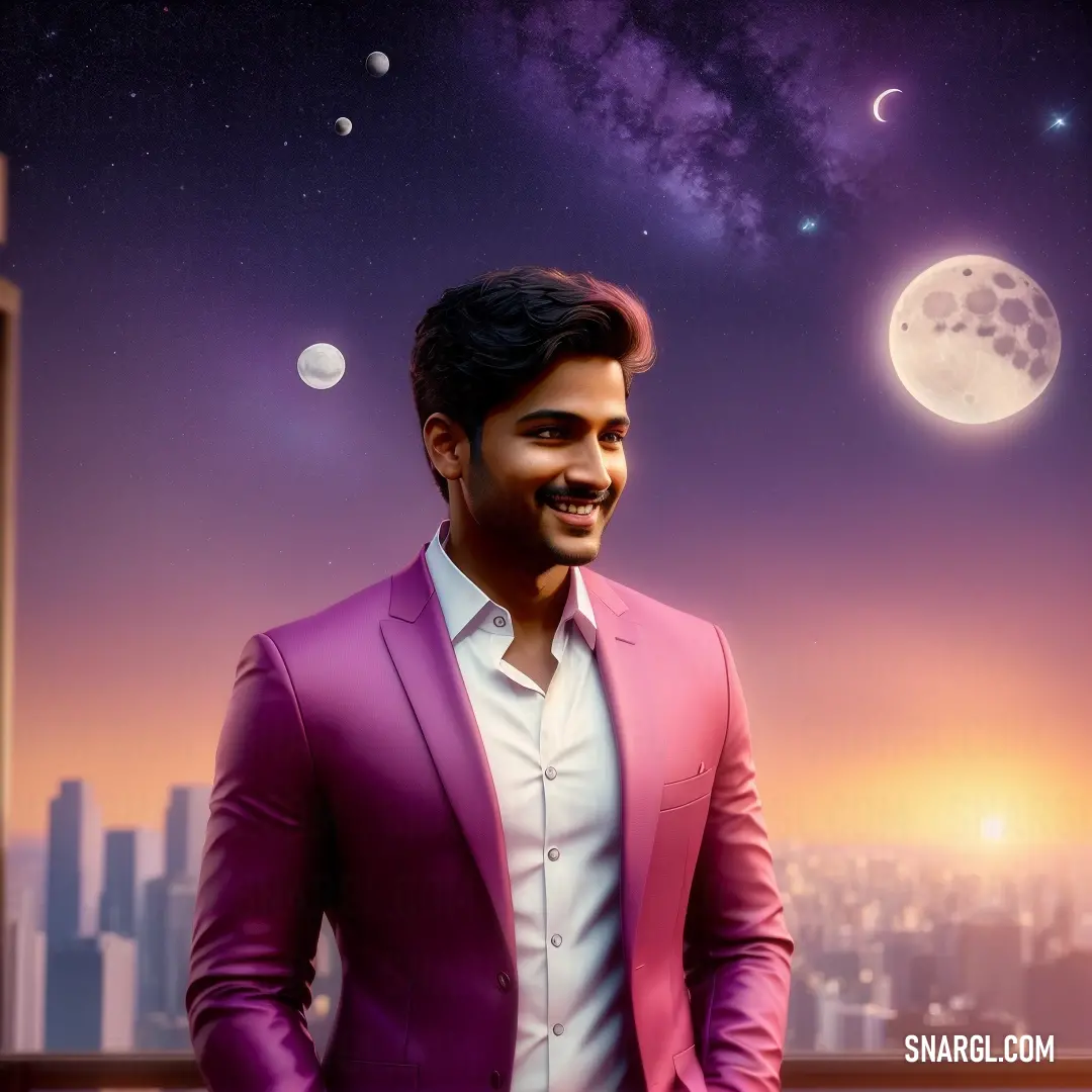 Man in a purple suit standing in front of a cityscape with a full moon in the sky