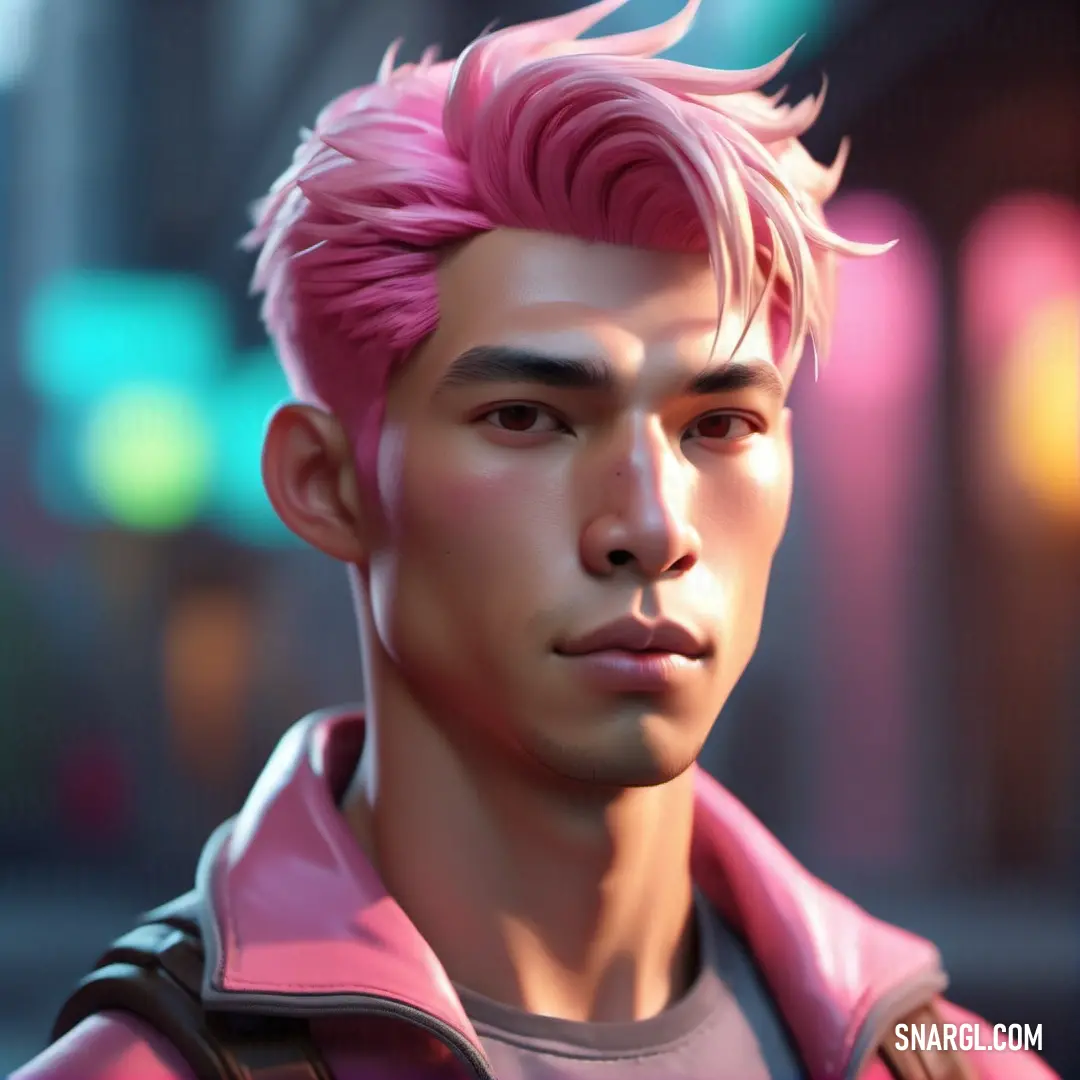 Salmon pink color example: Man with pink hair and a pink jacket on a city street at night with neon lights in the background