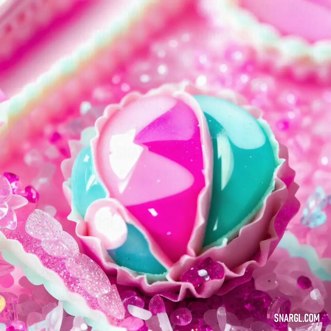 Pink and blue candy with a swirly design on it's side on a pink and purple background