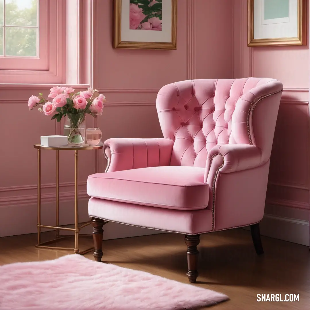 Pink chair with a pink rug and a pink wall with pink flowers in it. Color Salmon pink.