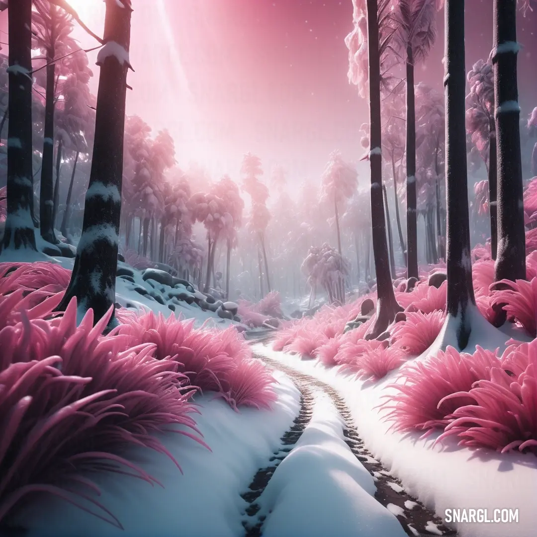 Pink forest with a path through it and snow on the ground and trees and bushes on the ground. Example of Salmon pink color.
