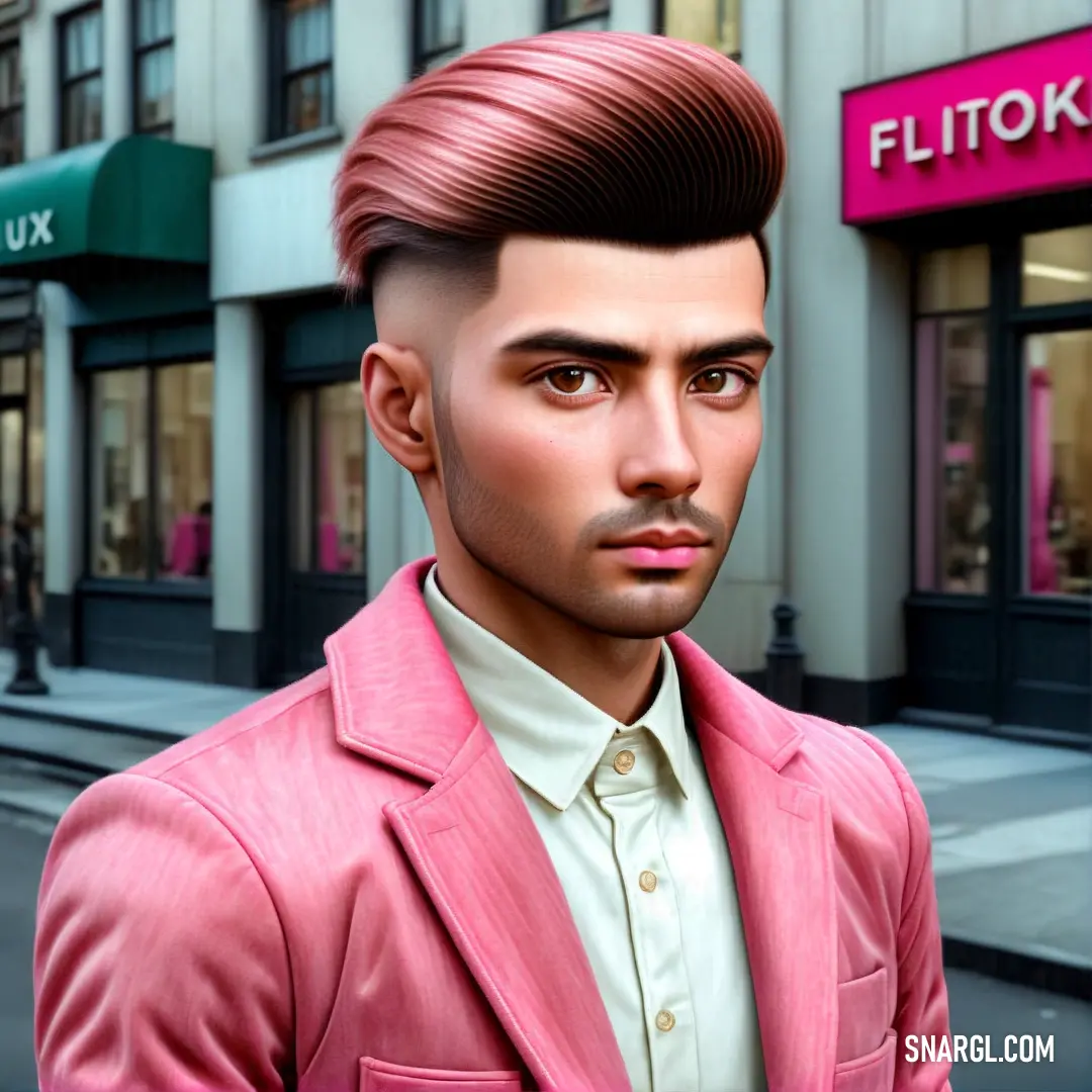 Man with a pink suit and a pink tie on a street corner with a pink sign that says fittoko. Color CMYK 0,43,36,0.