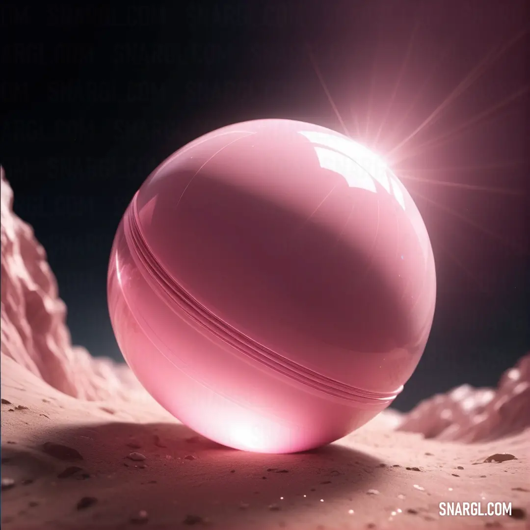 Pink ball on top of a sandy ground next to a mountain range with a bright light shining on it. Example of RGB 255,145,164 color.