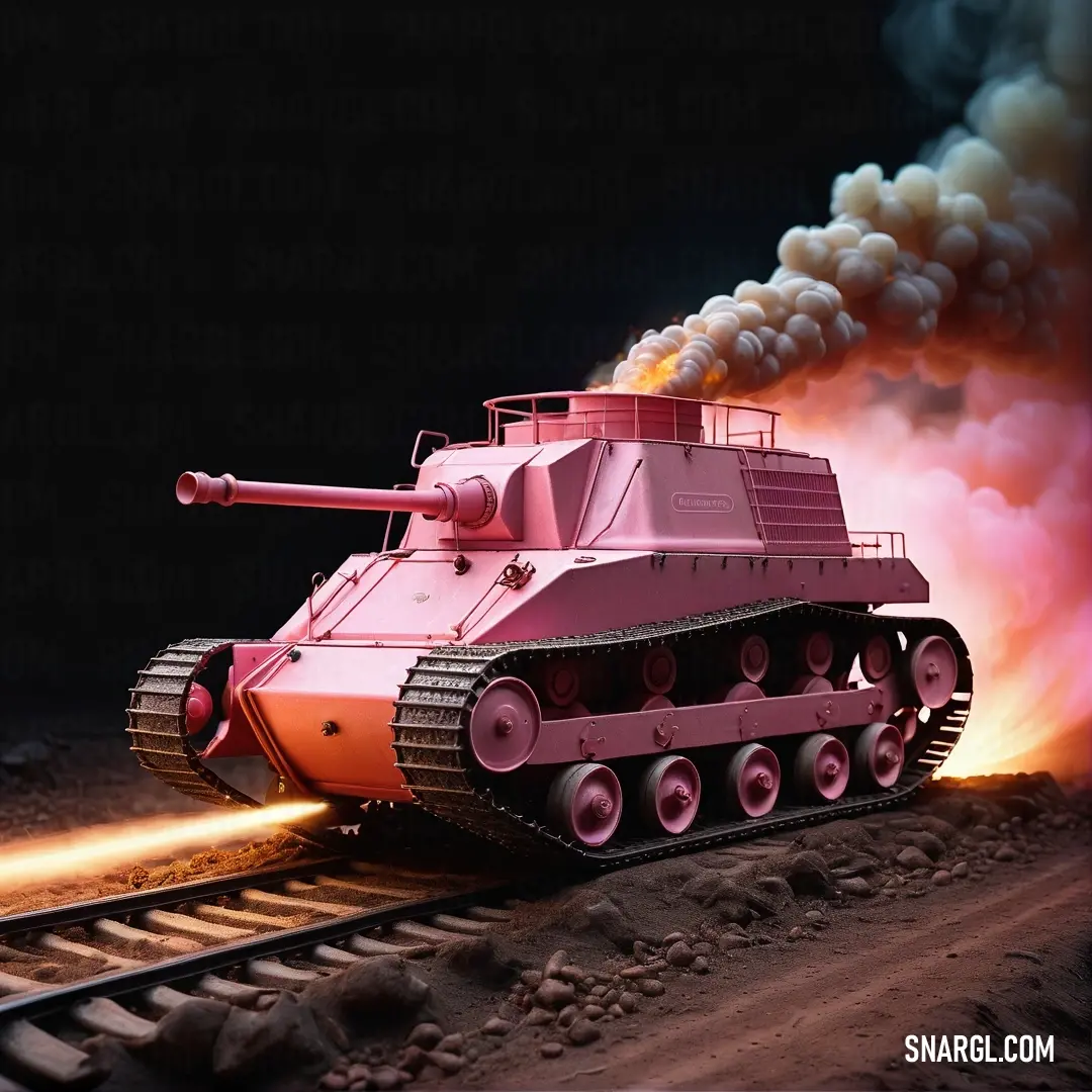 Pink tank is on a train track with smoke coming out of it. Color Salmon pink.