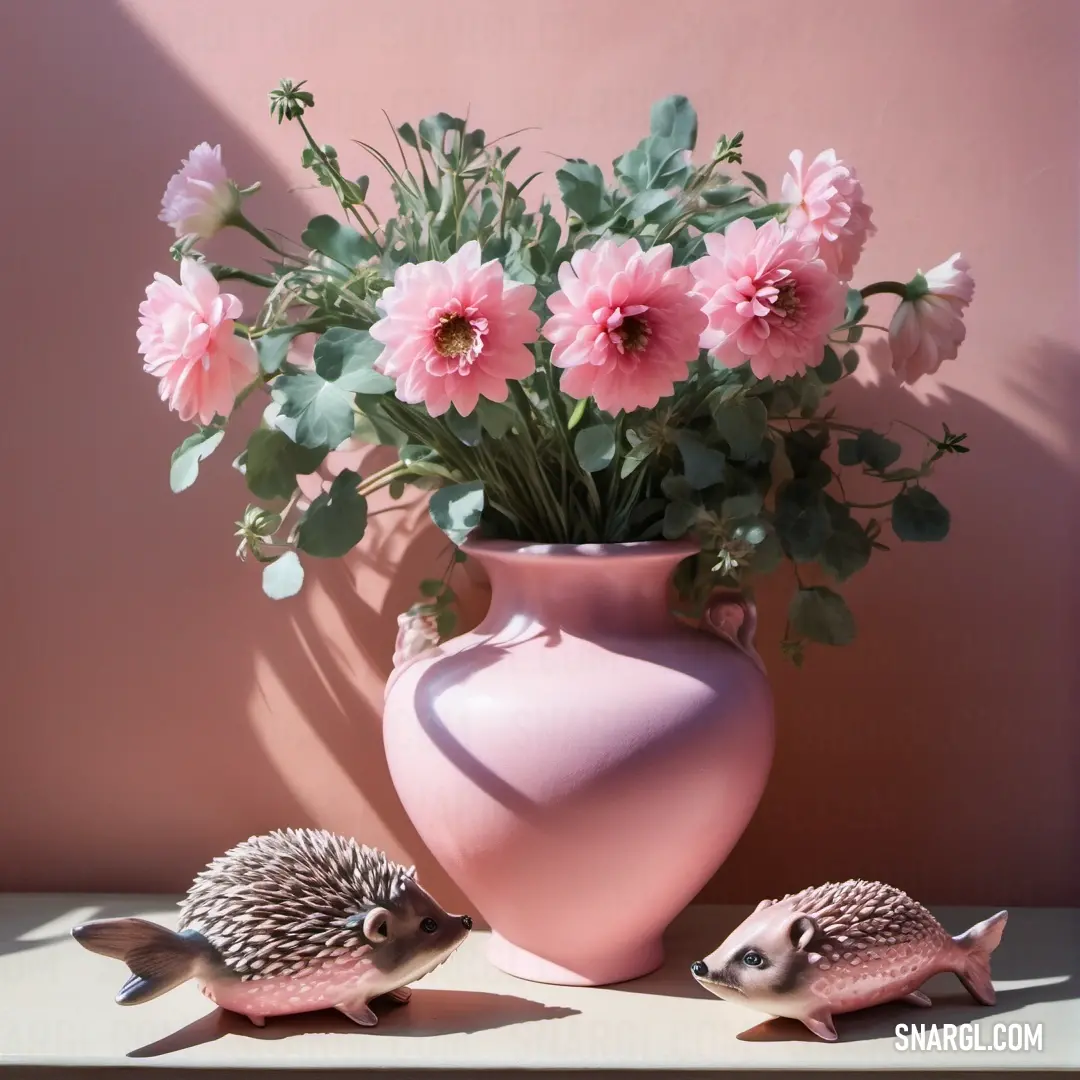 Pink vase with flowers and two hedgehogs on a table next to it and a pink wall. Color RGB 255,145,164.