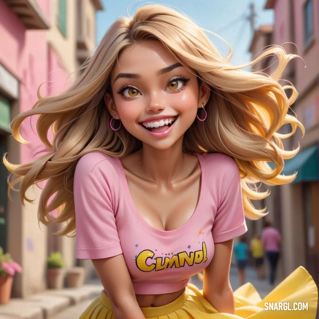 Cartoon girl with blonde hair and a pink shirt on a city street with buildings and a yellow bow