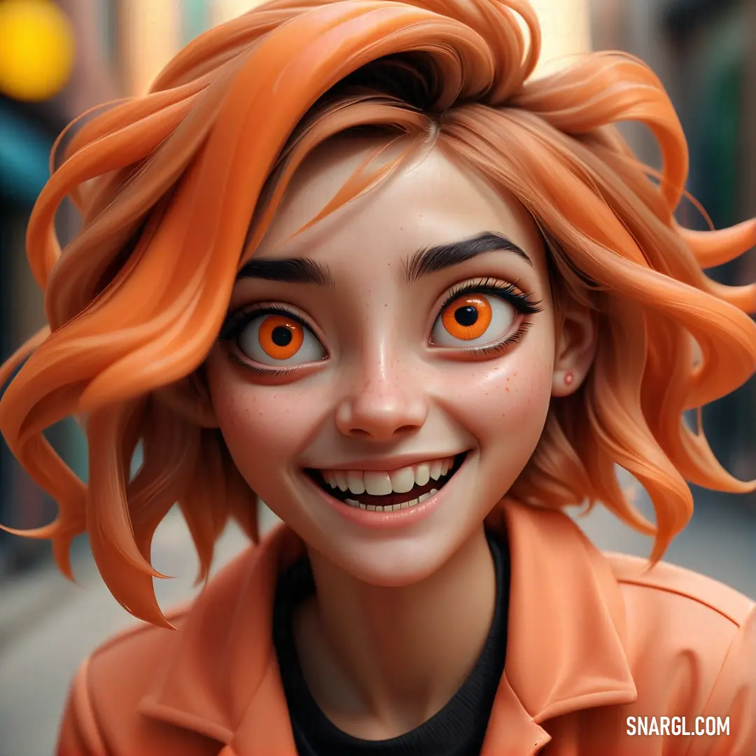 Cartoon girl with orange eyes and a smile on her face. Example of CMYK 0,45,59,0 color.