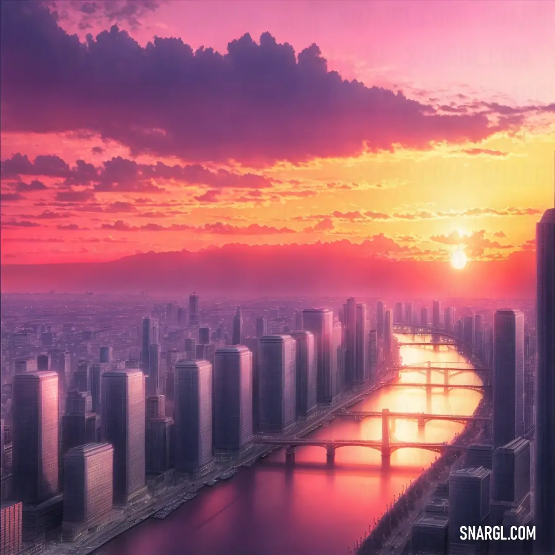 City with a bridge and a river at sunset with a pink sky and clouds above it and a sun setting over the city