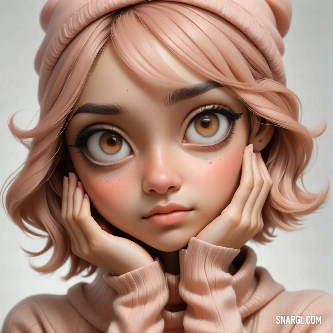 Digital painting of a woman with a pink hair and big eyes wearing a pink hat and a pink dress. Color Salmon.