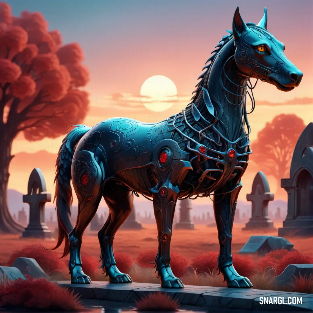 Horse statue is standing in a graveyard at sunset with a cemetery in the background and a full moon in the sky