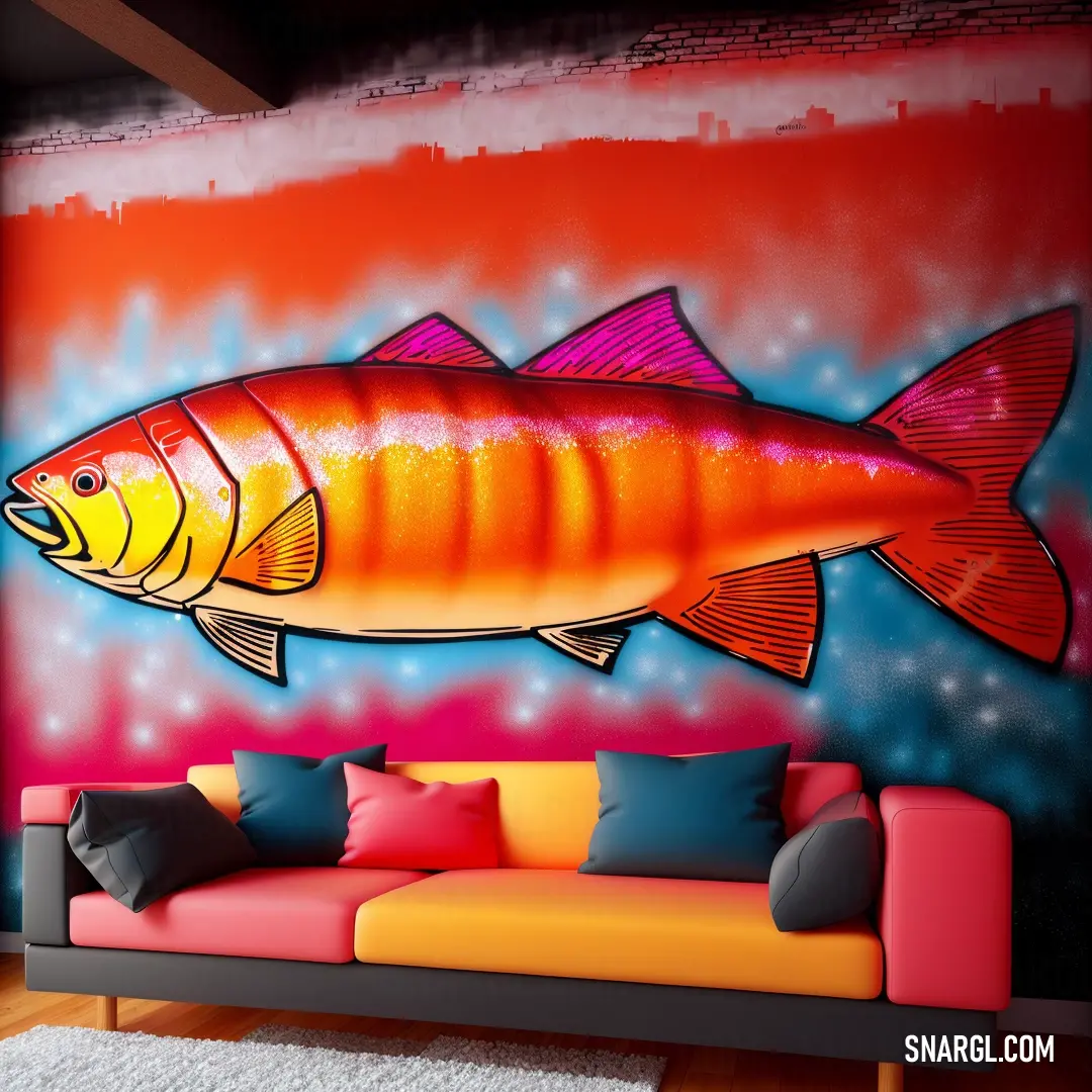Living room with a couch and a painting of a fish on the wall behind it