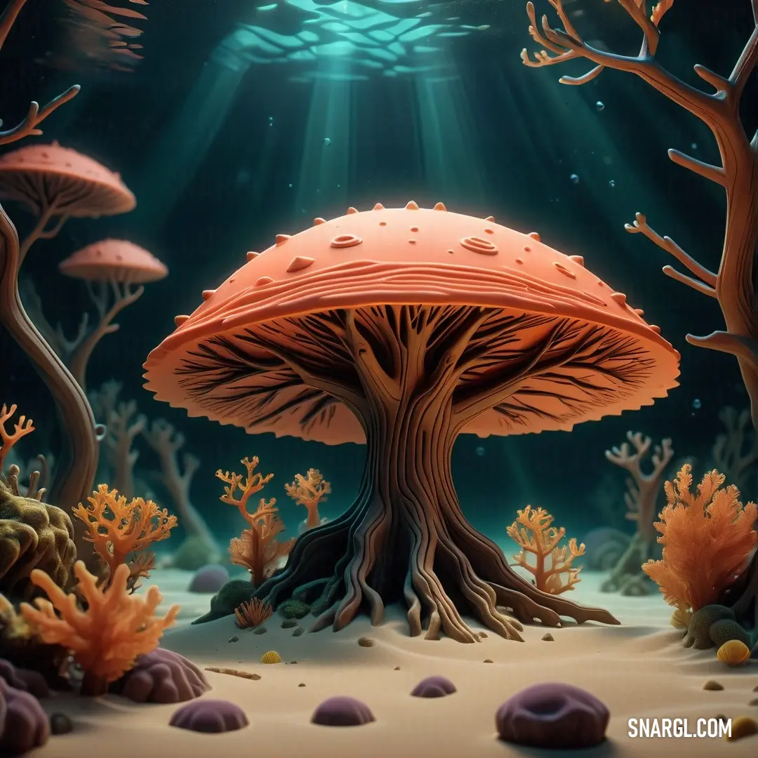 Mushroom like structure in the middle of a sea floor with corals and other sea life around it. Color CMYK 0,45,59,0.