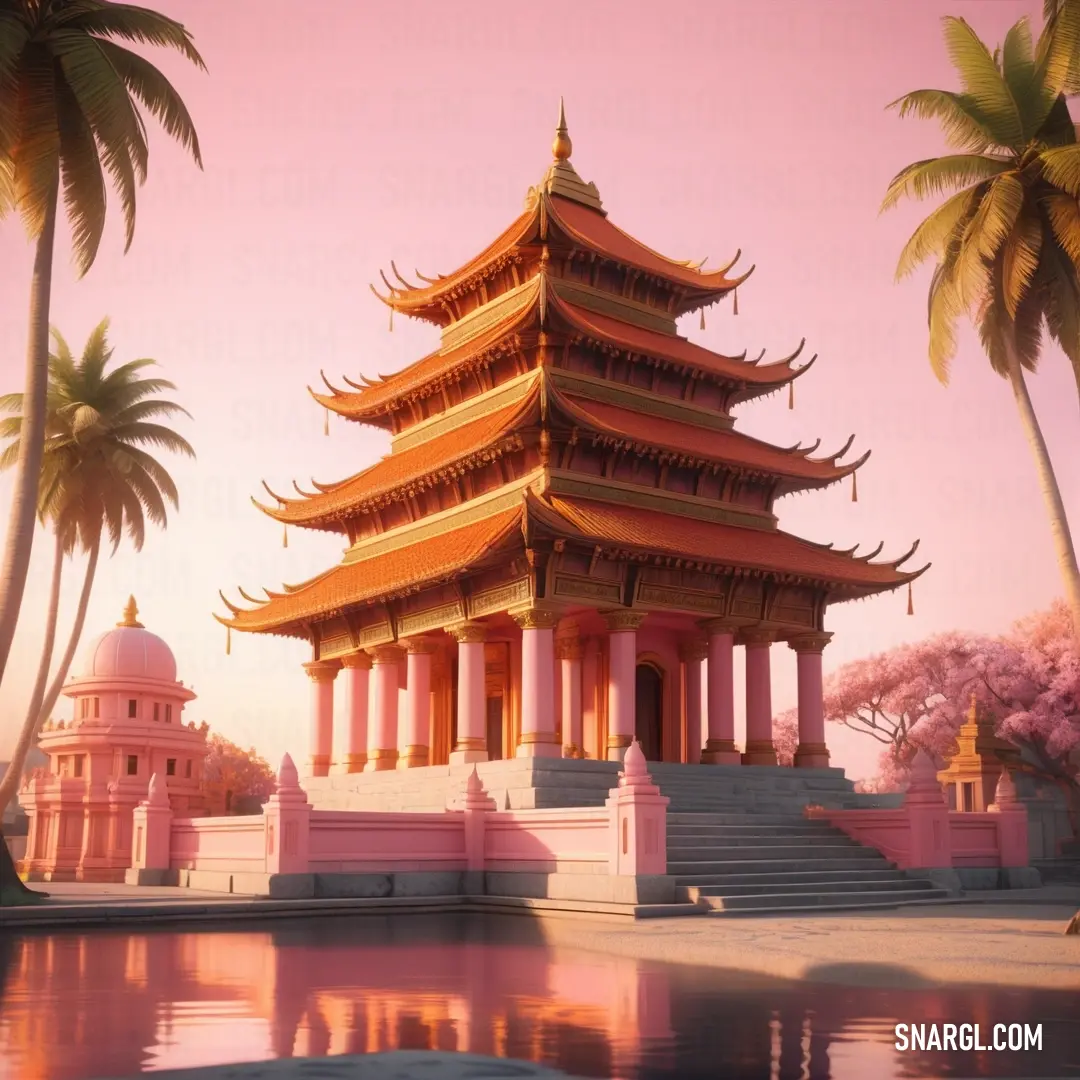 Pagoda with a pink sky and palm trees around it and a body of water in front of it. Color #FF8C69.