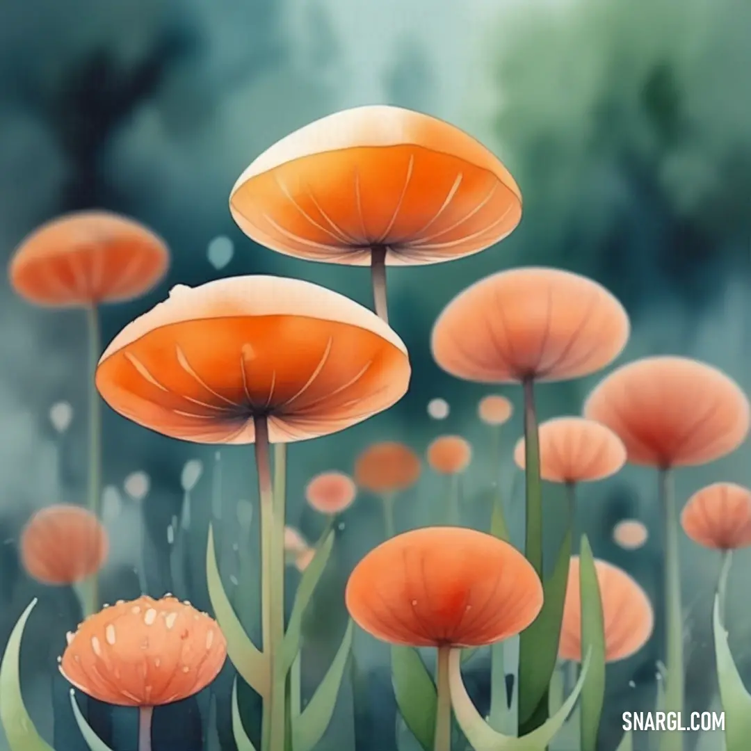 Painting of a field of orange mushrooms with green leaves and grass in the foreground. Example of Salmon color.