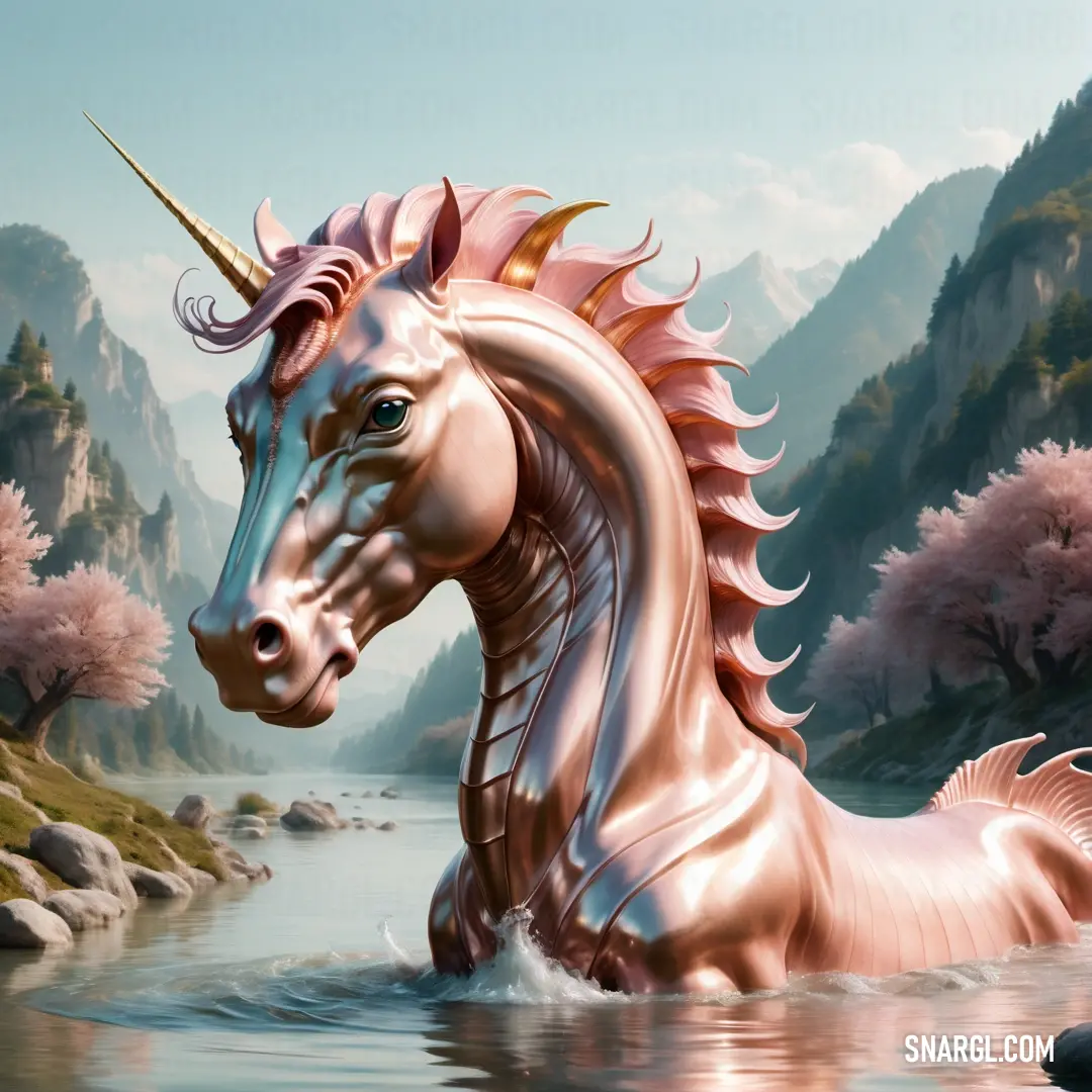 Pink unicorn is swimming in a lake with trees and mountains in the background and a blue sky with clouds