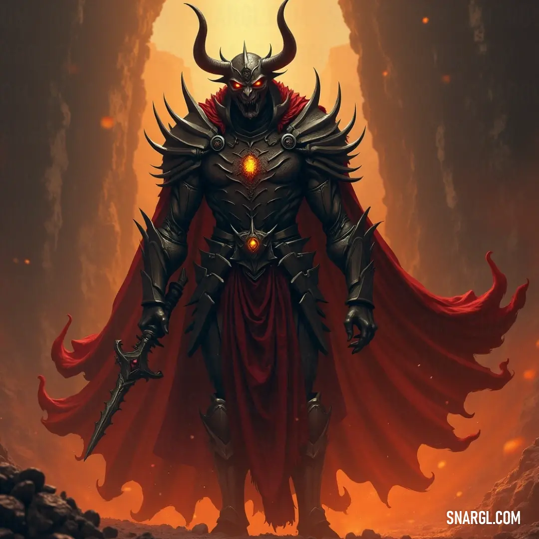 Salpsan, dressed in a red cape and horned helmet, stands ominously in a dark cave, his glowing eyes casting an eerie light in the shadows. Salpsan, a figure cloaked in a red cape and horned helmet, stands at the entrance of a cave. His glowing eyes pierce the darkness, adding an aura of mystery to his presence as a faint light illuminates the surroundings.