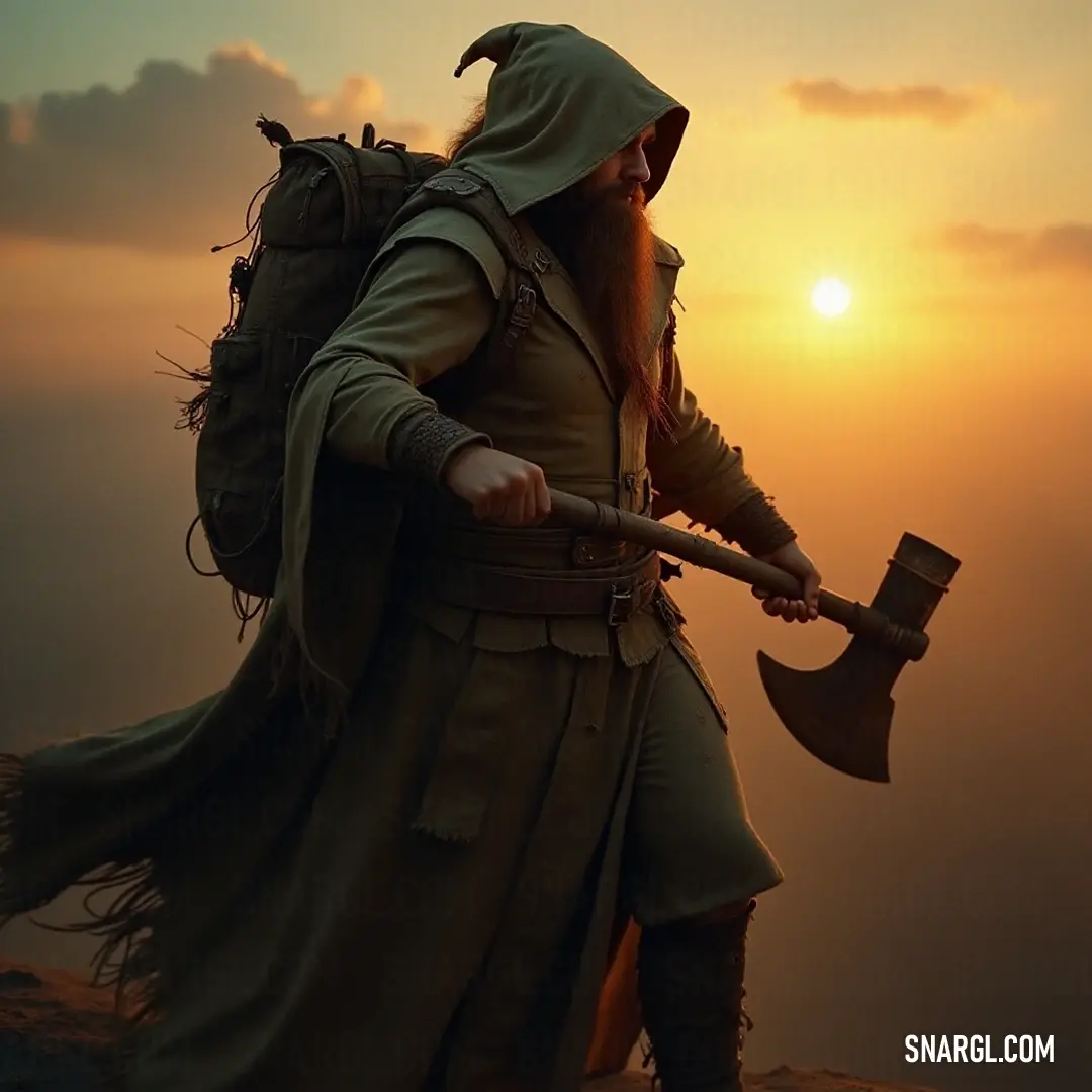 A rugged adventurer with a long beard strides confidently along the crest of a hill, gripping a menacing axe. The landscape unfurls beneath him, adorned with rolling hills and distant horizons, embodying the spirit of exploration and courage.