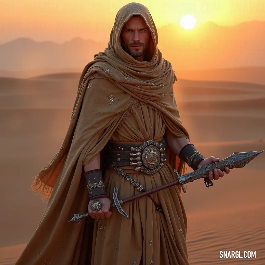 A steadfast traveler stands confidently in a vast desert, sword ready, as they prepare to carve their path through the unforgiving landscape. In an arid desert, a figure stands with a sword raised high, facing the blistering sun and the shifting sands, embodying both courage and a thirst for adventure in a relentless environment.