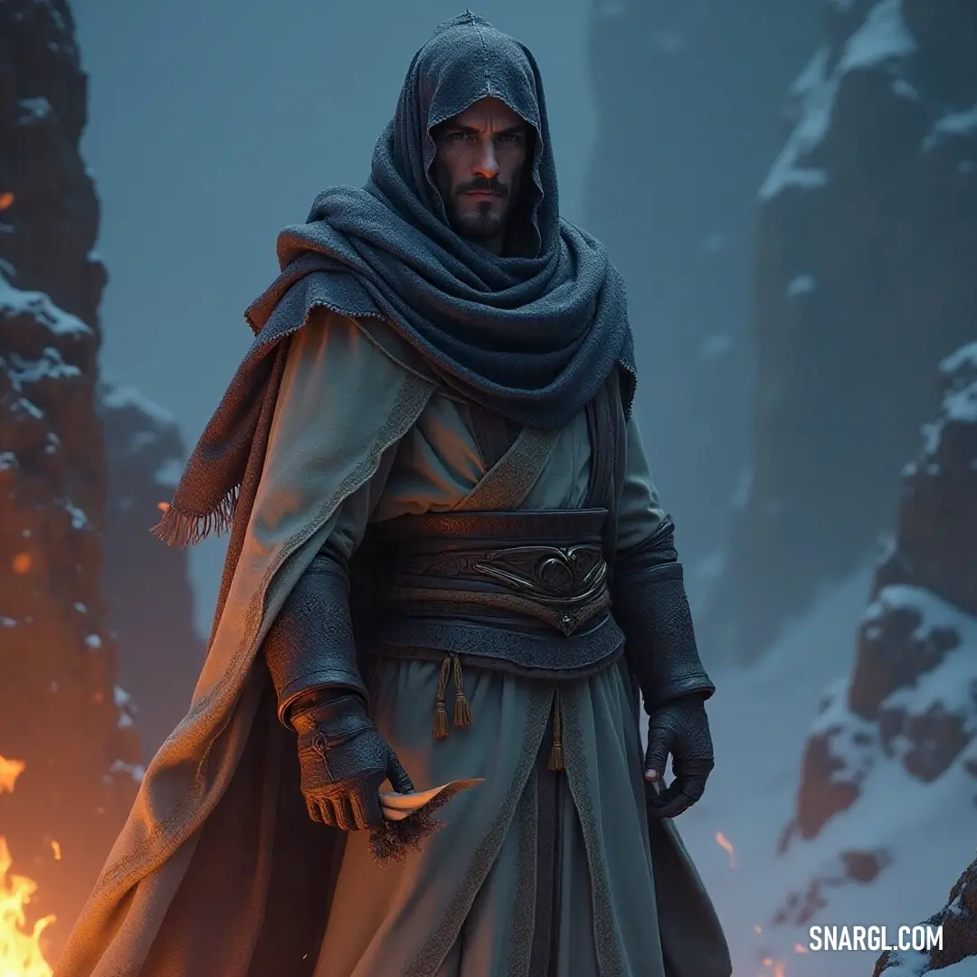 Against a backdrop of snow-covered peaks, a lone figure in a hood stands vigil by a flickering fire pit, connected with the wild. A hooded figure stands resolutely before a crackling fire pit, surrounded by a wintery landscape of imposing mountains and scattered rocks, embodying the essence of survival and resilience in the face of nature's elements.