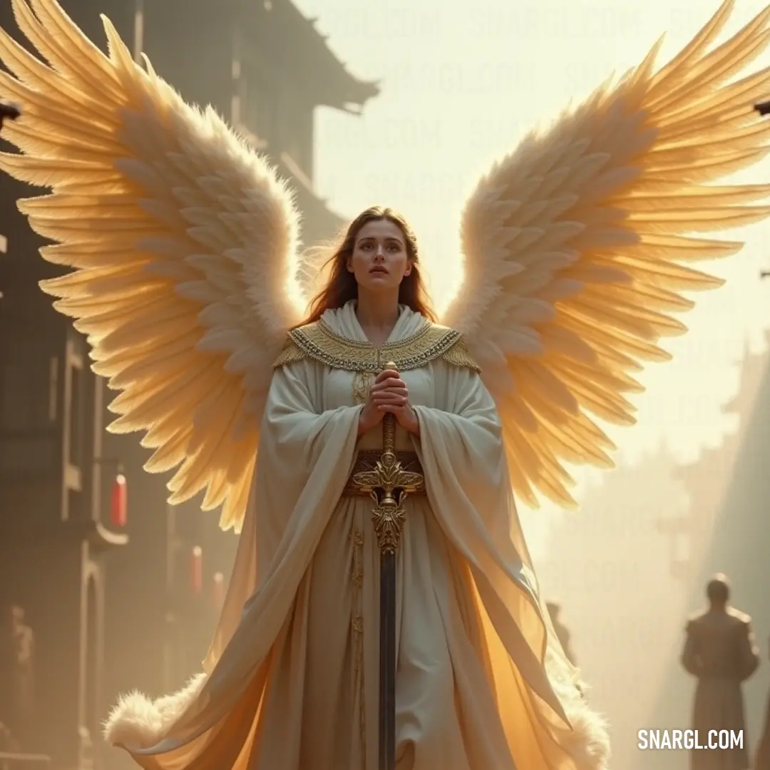A fierce yet elegant angel stands confidently, clad in a radiant white outfit, a glimmering sword held firmly in her hands, showcasing strength and resolve against a mystical backdrop.