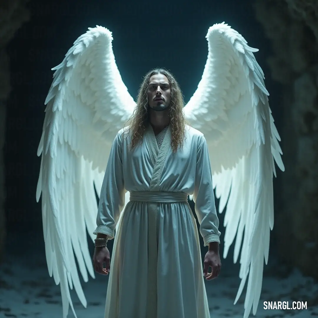 Inside a dimly lit cave, Samael stands with long hair and radiant white wings, his hands in pockets, exuding a sense of calm contemplation. The stillness of the cave mirrors his quiet disposition, creating an air of mystery.