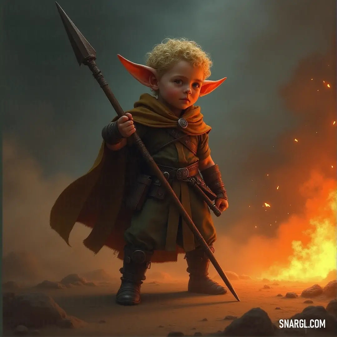 A young Samwise Gamgee, dressed as an elf, stands with a staff in hand. The painting captures the warmth of a fire in the background, adding a sense of adventure and courage to his expression.