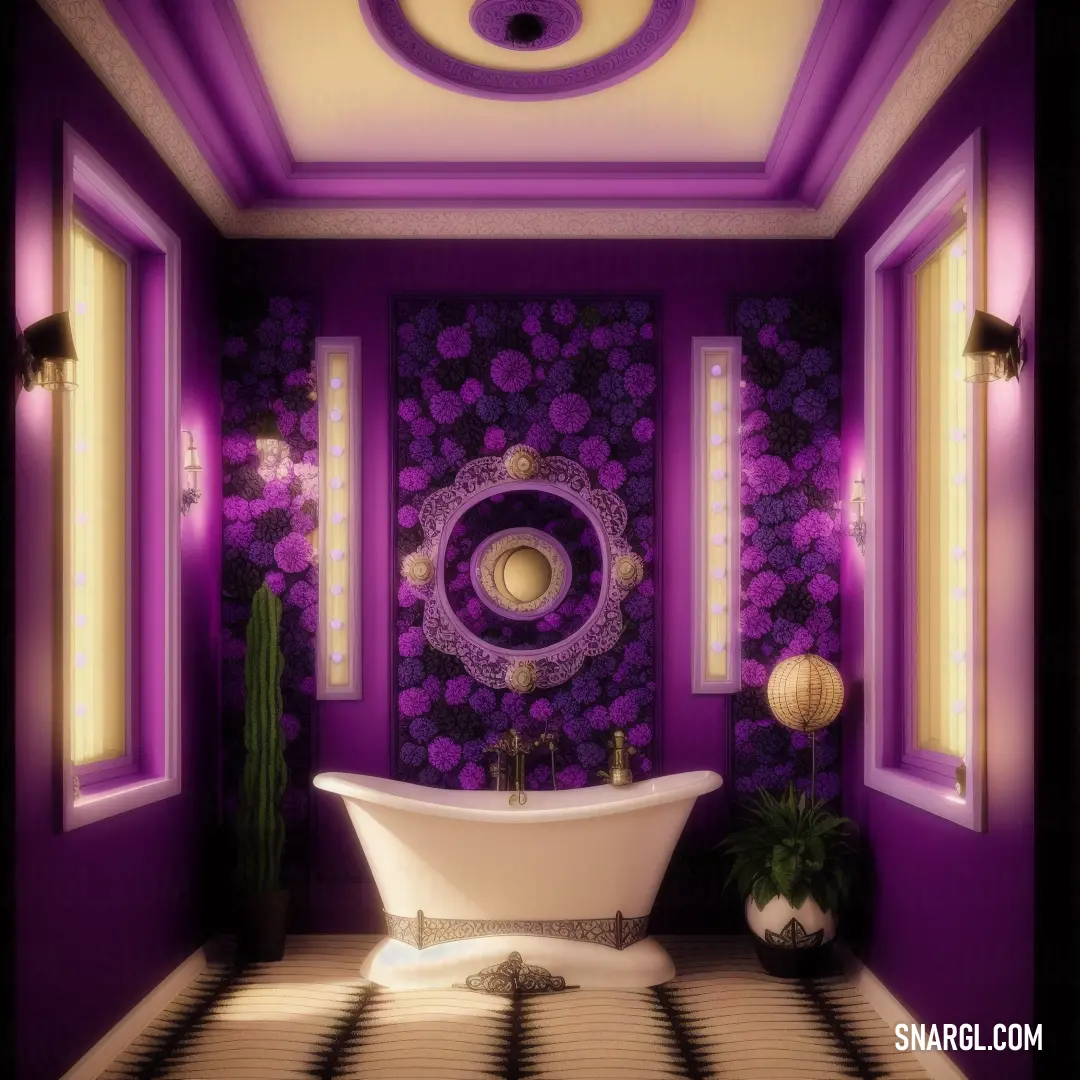 Bathroom with a purple wall and a white tub in the middle of the room with a black and white checkered floor. Example of #800080 color.