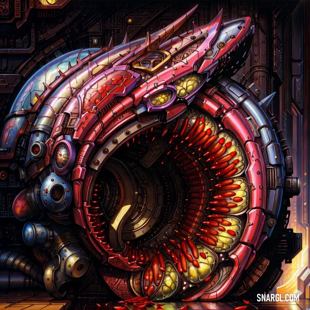 Futuristic art work of a large machine with a large circular design on it's face