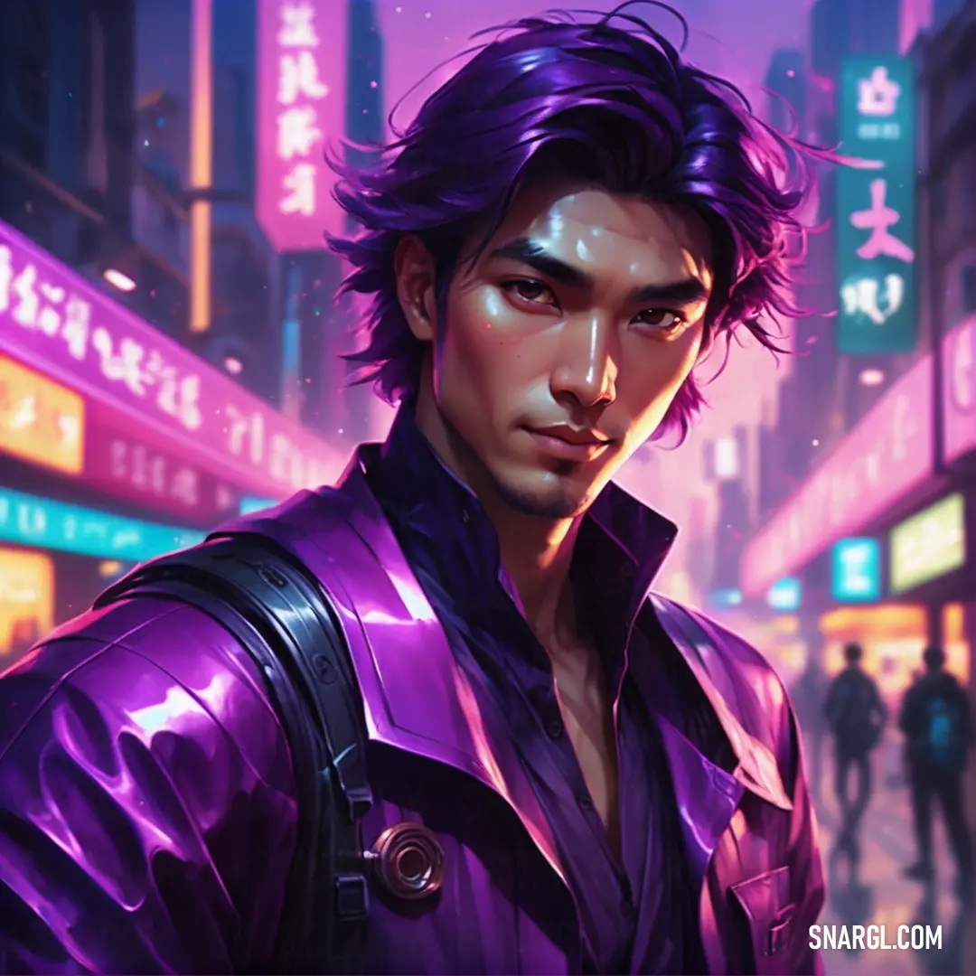 Man in a purple leather jacket standing in a city street at night with neon lights on the buildings. Example of RGB 136,0,120 color.