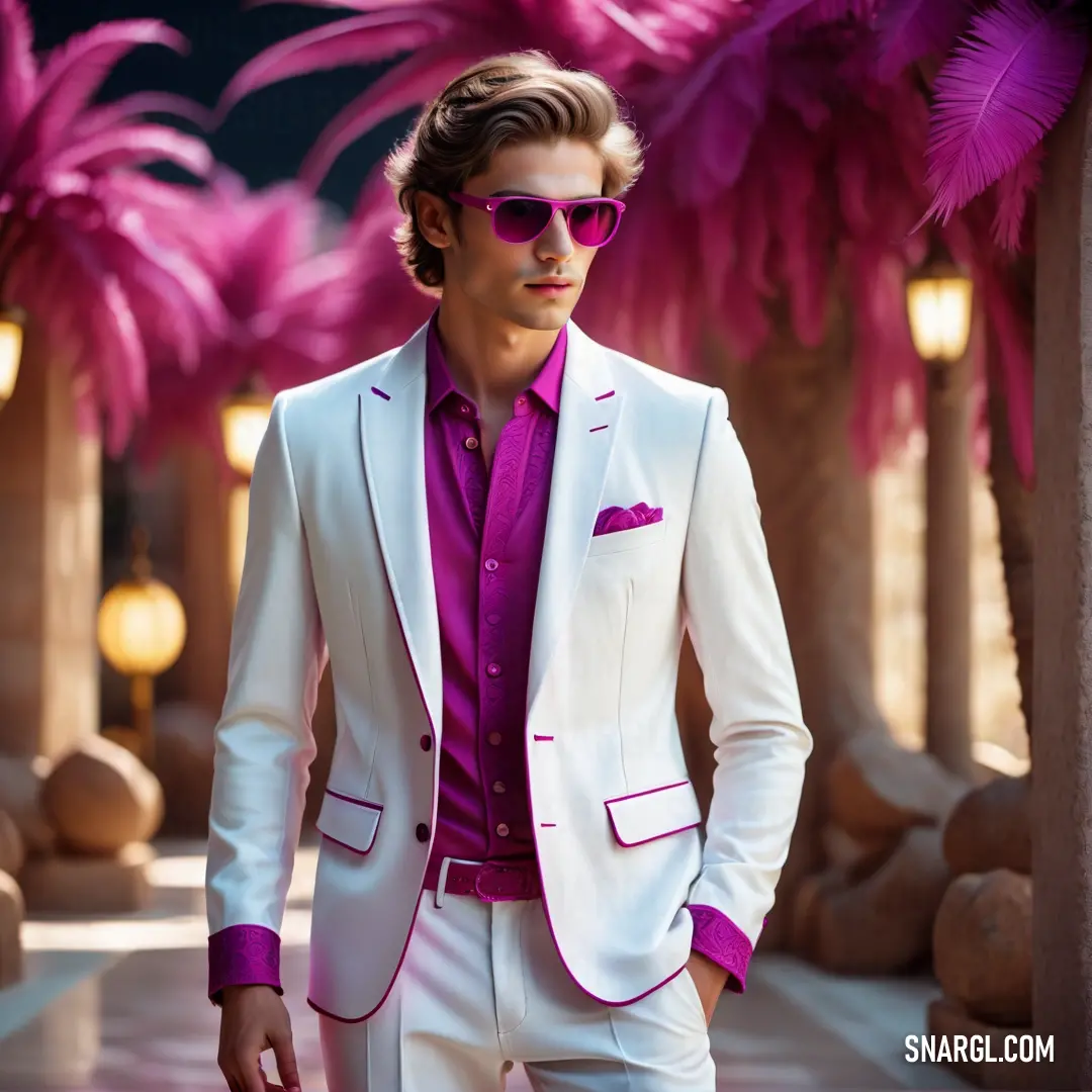 Man in a white suit and pink shirt and sunglasses standing in front of palm trees with his hands in his pockets