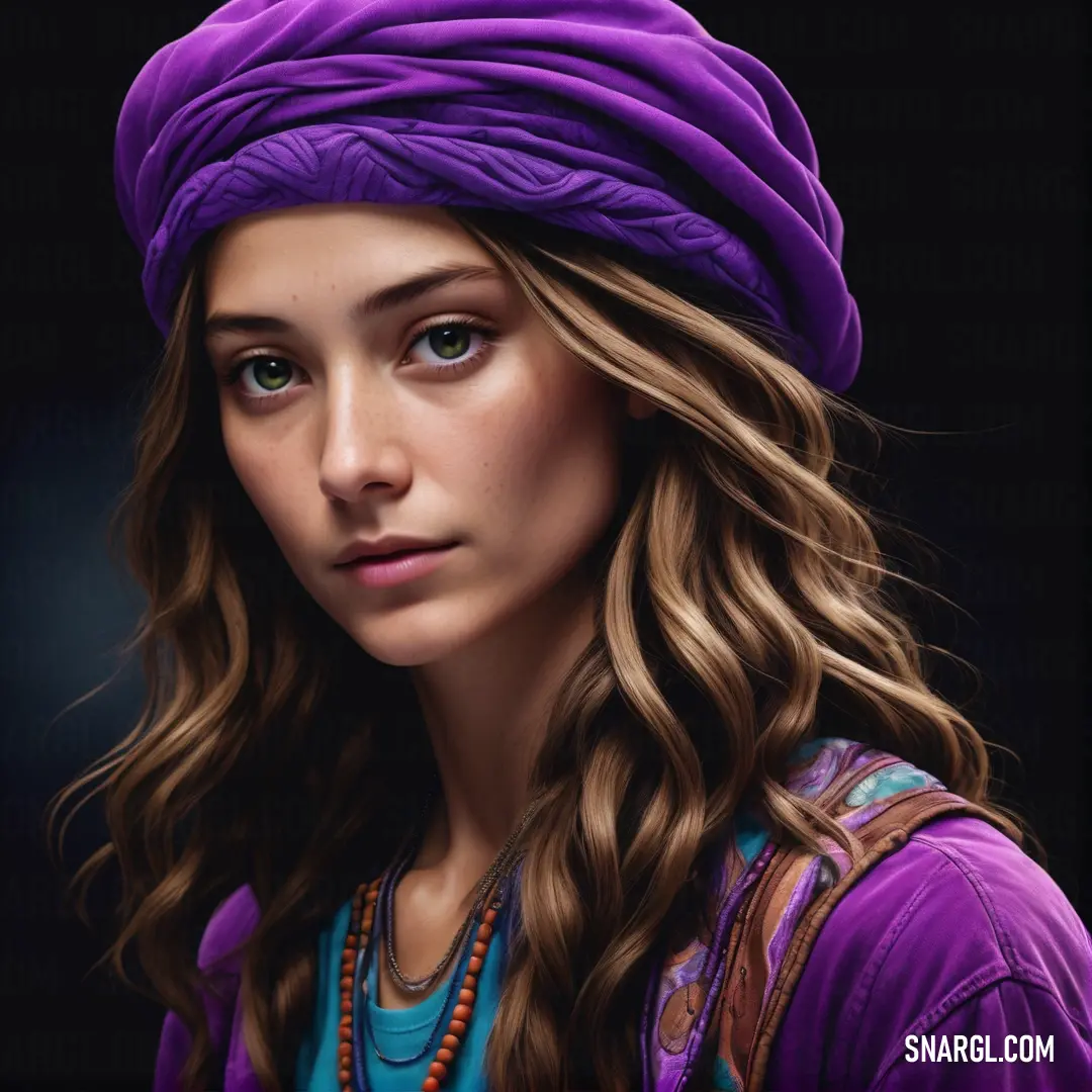 Painting of a woman wearing a purple hat and a blue shirt and necklaces. Color CMYK 0,100,12,47.