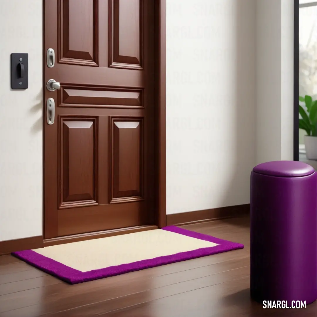 Purple trash can next to a door with a purple mat on the floor next to it. Color RGB 136,0,120.