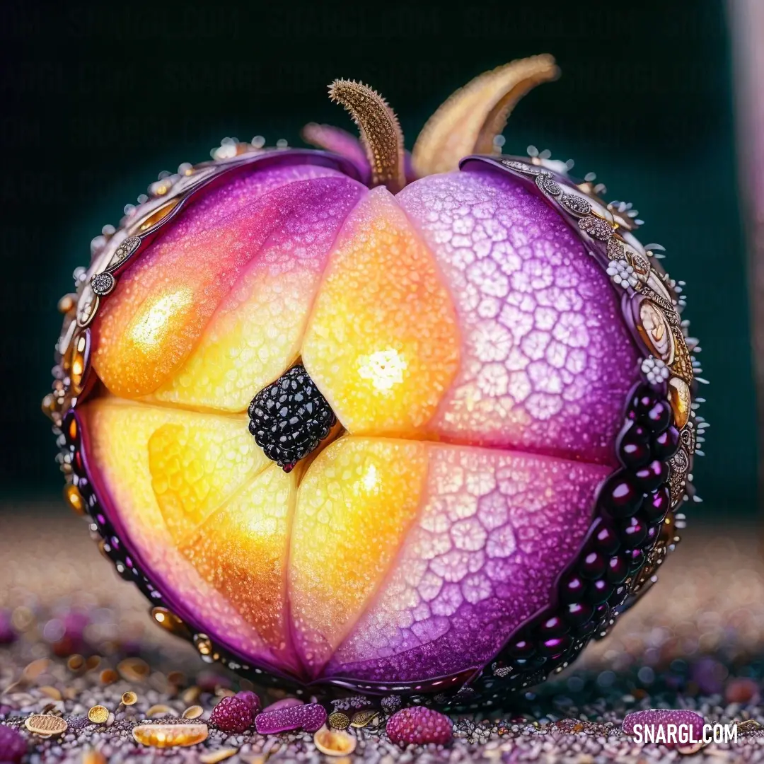 Colorful fruit with a black diamond in the center of it's center piece. Color Sana.