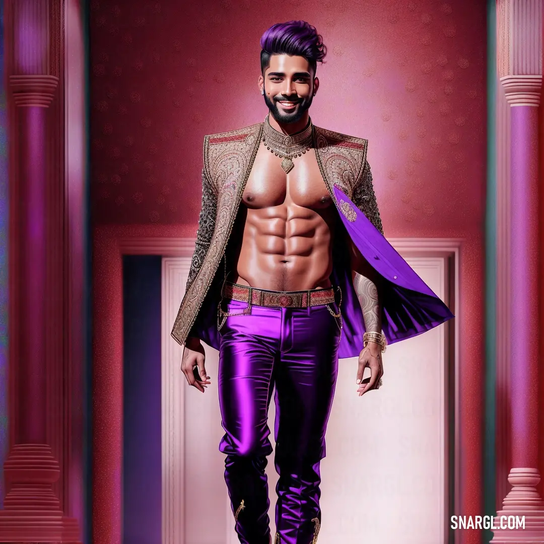 Man with a shirtless torso and purple pants on a runway with a purple bag on his shoulder. Example of Sana color.