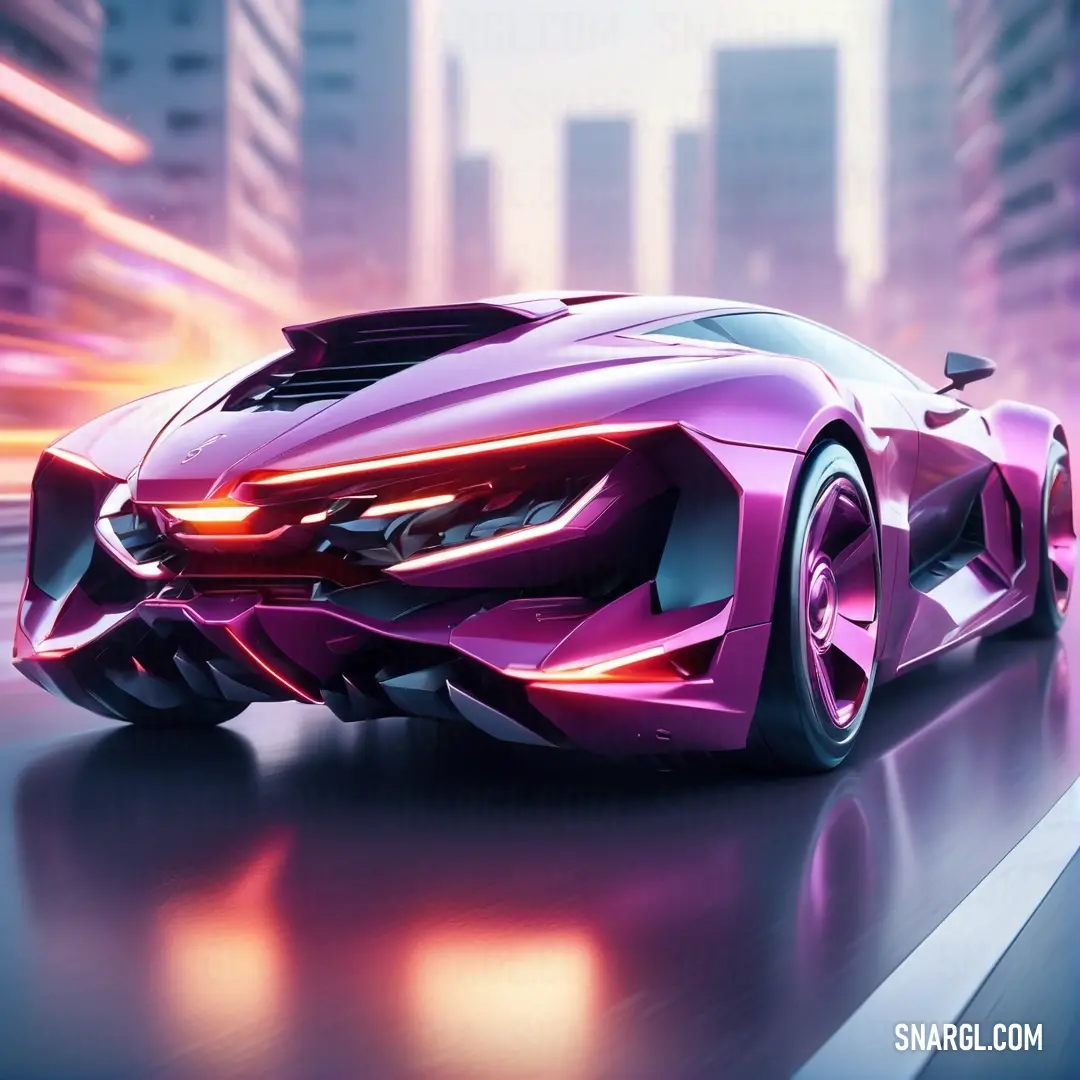 Pink sports car driving down a city street in a futuristic style. Color #800080.