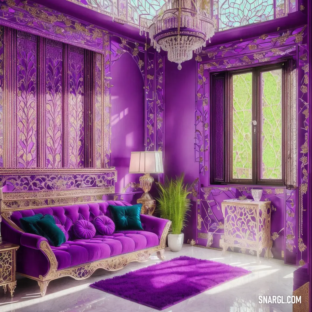 Purple living room with a purple couch and a purple rug on the floor and a chandelier. Example of CMYK 0,100,12,47 color.