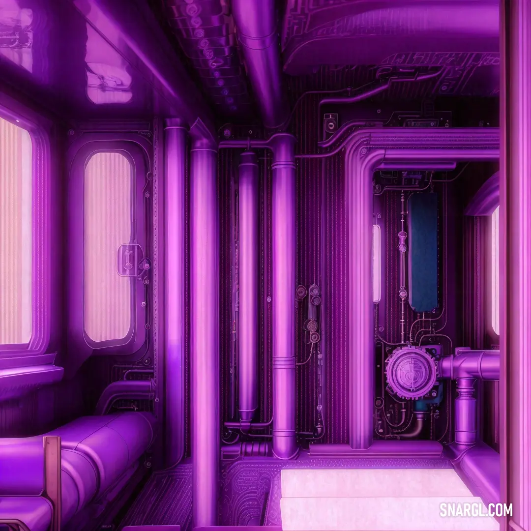 Sana color. Purple room with pipes and a clock on the wall and a window in the center of the room