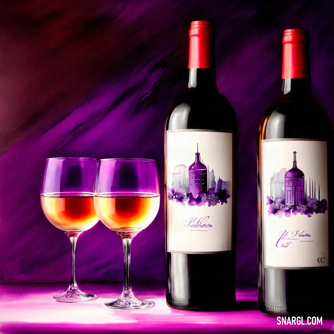 Two wine glasses and a bottle of wine on a table with a purple background. Color Sana.