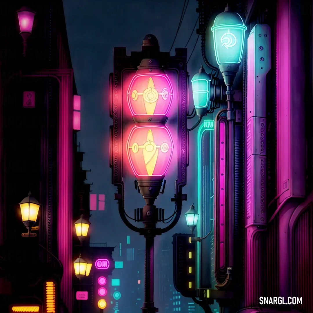 Street light with a neon colored background and a city street light in the background with buildings