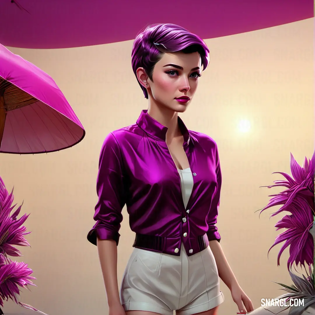Woman in a purple shirt and white shorts standing in front of a pink umbrella and a plant. Example of RGB 136,0,120 color.